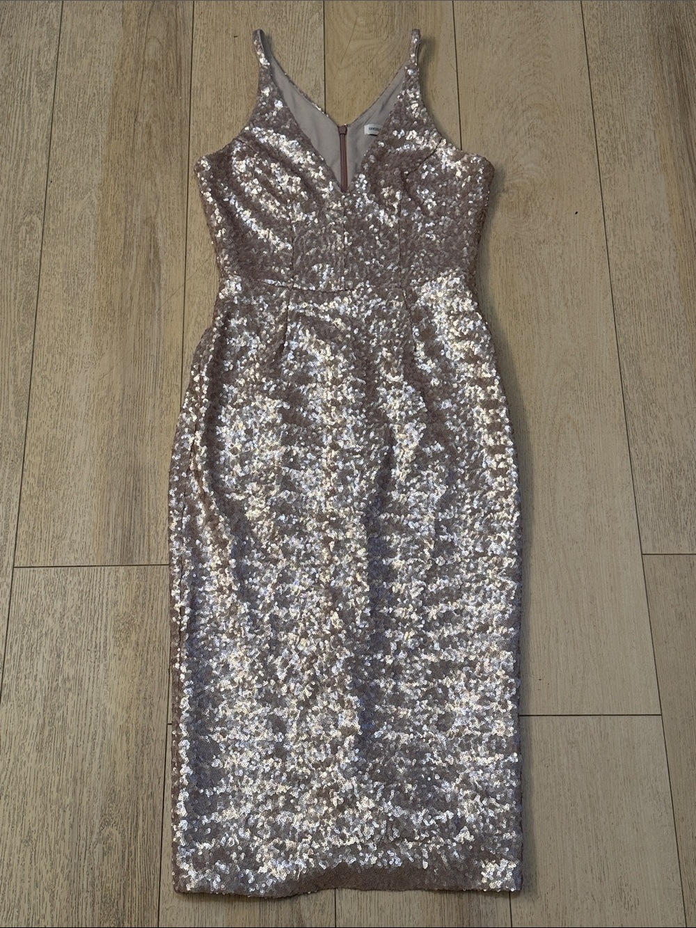 Dress the Population Rose Gold Sequin V Neck Midi Dress Size S